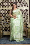 Shubh Lakshmi 2.0 ~ Handloom Pure Tussar Kora Silk Saree in Pista Green (Silk Mark Certified)