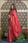 Shubh Lakshmi 2.0 ~ Handloom High Quality Pure Soft Silk Saree in Red and Leaf Green (Silk Mark Certified)
