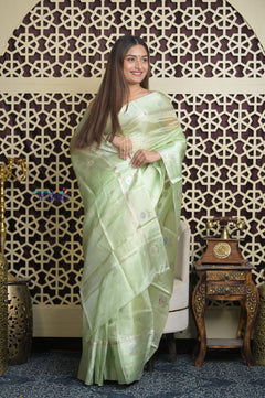 Shubh Lakshmi 2.0 ~ Handloom Pure Tussar Kora Silk Saree in Pista Green (Silk Mark Certified)