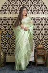 Shubh Lakshmi 2.0 ~ Handloom Pure Tussar Kora Silk Saree in Pista Green (Silk Mark Certified)