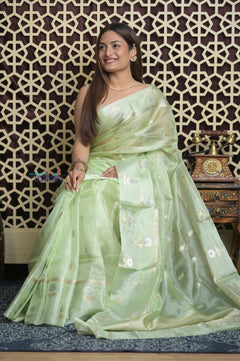 Shubh Lakshmi 2.0 ~ Handloom Pure Tussar Kora Silk Saree in Pista Green (Silk Mark Certified)