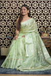 Shubh Lakshmi 2.0 ~ Handloom Pure Tussar Kora Silk Saree in Pista Green (Silk Mark Certified)