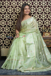 Shubh Lakshmi 2.0 ~ Handloom Pure Tussar Kora Silk Saree in Pista Green (Silk Mark Certified)