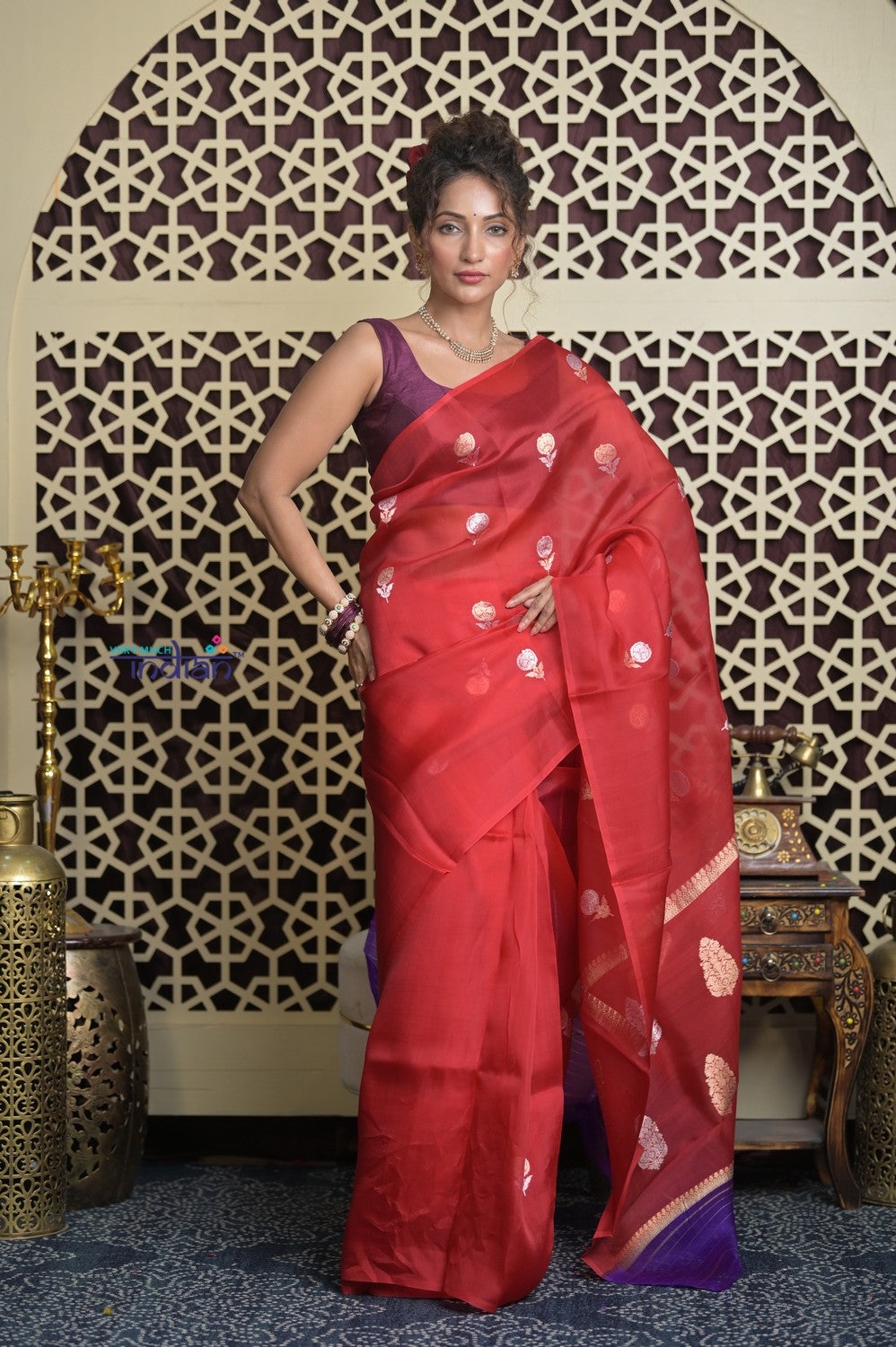 Shubh Lakshmi 2.0 ~ Handloom Pure Silk Kora Saree in Bright Red (Silk Mark Certified)