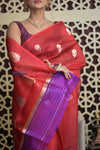 Shubh Lakshmi 2.0 ~ Handloom Pure Silk Kora Saree in Bright Red (Silk Mark Certified)