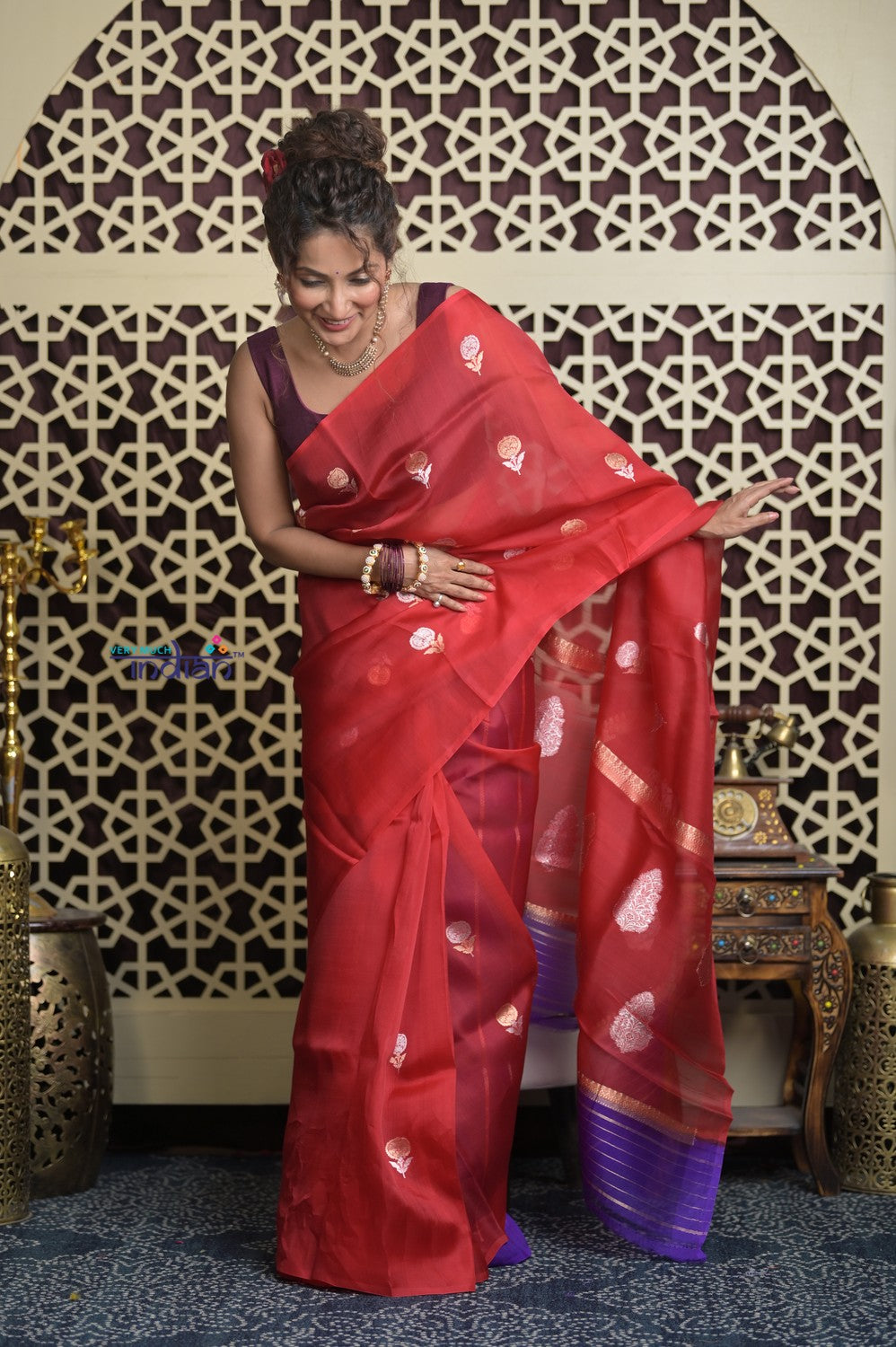 Shubh Lakshmi 2.0 ~ Handloom Pure Silk Kora Saree in Bright Red (Silk Mark Certified)