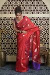 Shubh Lakshmi 2.0 ~ Handloom Pure Silk Kora Saree in Bright Red (Silk Mark Certified)