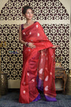 Shubh Lakshmi 2.0 ~ Handloom Pure Silk Kora Saree in Bright Red (Silk Mark Certified)
