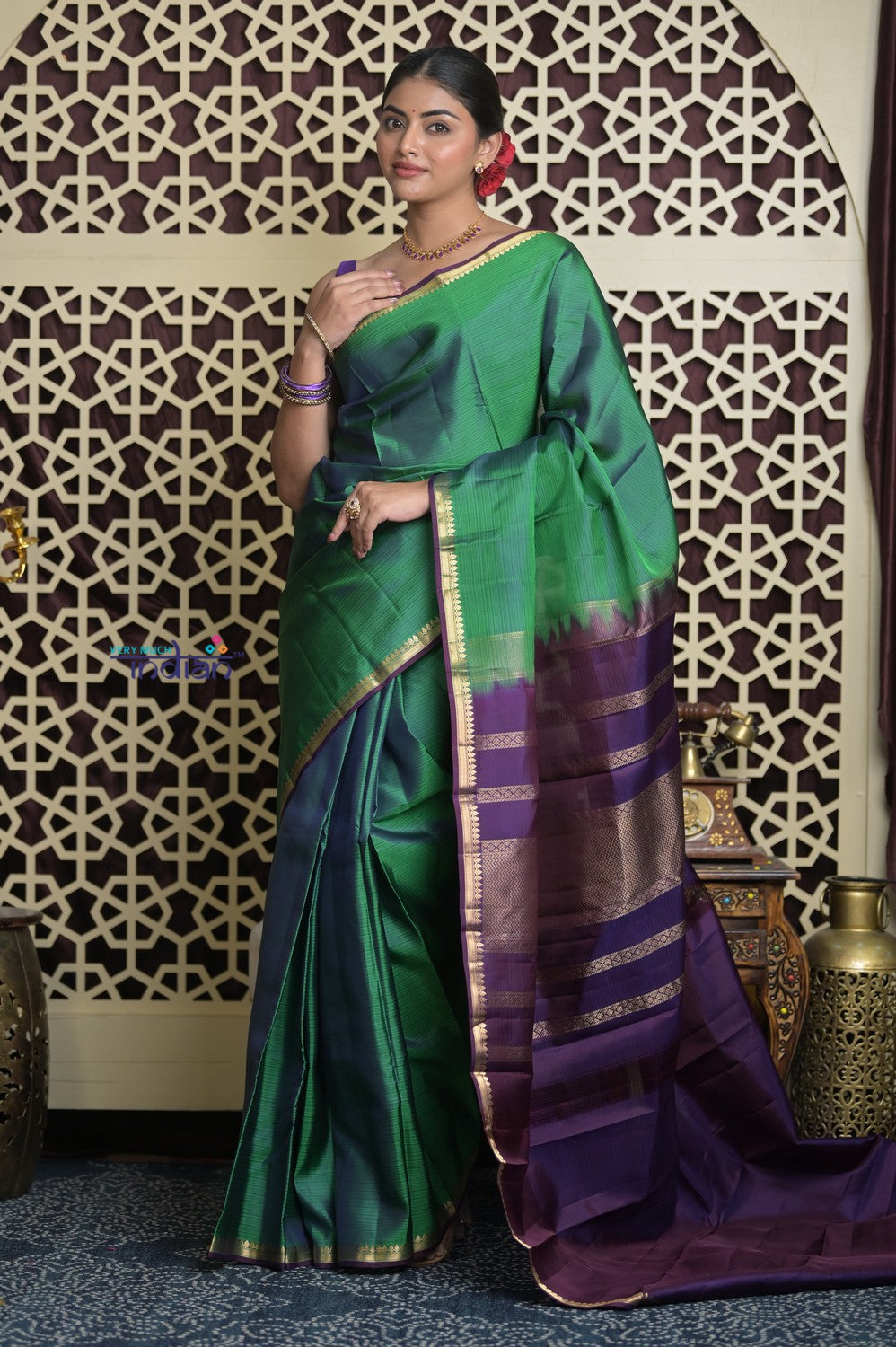 Shubh Lakshmi 2.0 ~ Handloom High Quality Pure Soft Silk Saree in Dual Tone Green and Blue (Silk Mark Certified)