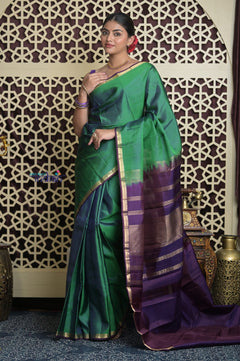 Shubh Lakshmi 2.0 ~ Handloom High Quality Pure Soft Silk Saree in Dual Tone Green and Blue (Silk Mark Certified)