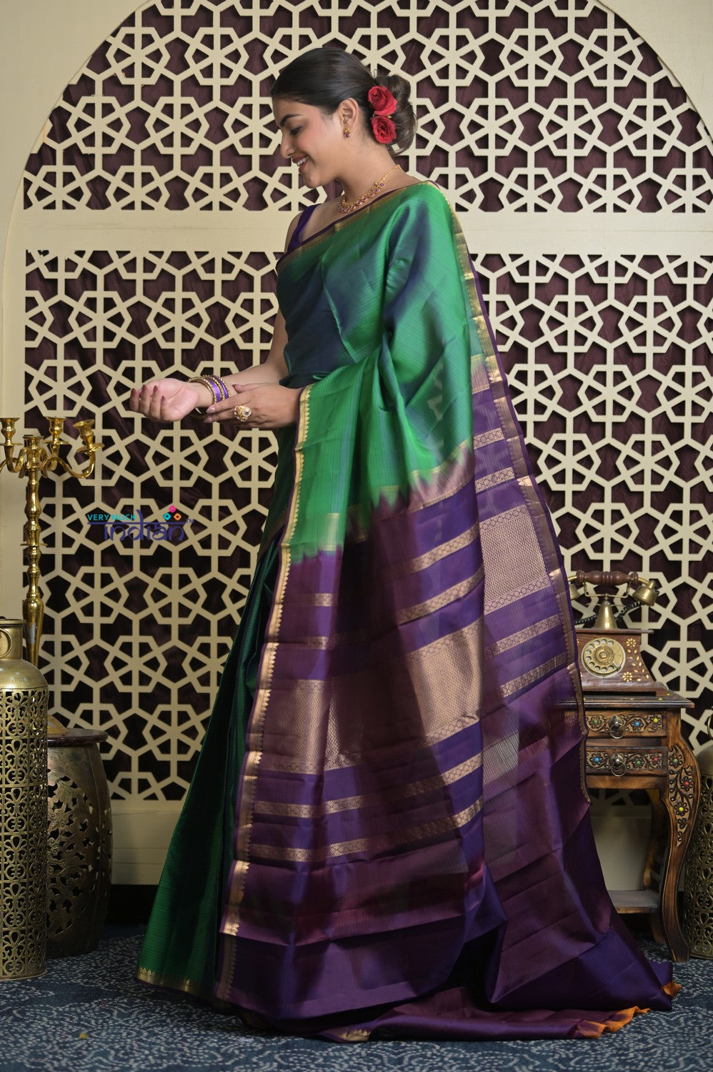 Shubh Lakshmi 2.0 ~ Handloom High Quality Pure Soft Silk Saree in Dual Tone Green and Blue (Silk Mark Certified)