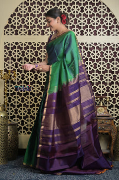 Shubh Lakshmi 2.0 ~ Handloom High Quality Pure Soft Silk Saree in Dual Tone Green and Blue (Silk Mark Certified)