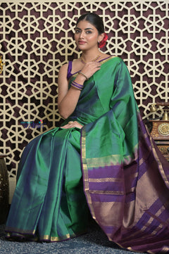 Shubh Lakshmi 2.0 ~ Handloom High Quality Pure Soft Silk Saree in Dual Tone Green and Blue (Silk Mark Certified)