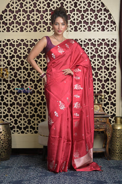 Shubh Lakshmi 2.0 ~ Handloom High Quality Pure Katan Silk Saree in Cerulean Red and Silver (Silk Mark Certified)