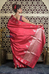 Shubh Lakshmi 2.0 ~ Handloom High Quality Pure Katan Silk Saree in Cerulean Red and Silver (Silk Mark Certified)