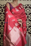 Shubh Lakshmi 2.0 ~ Handloom High Quality Pure Katan Silk Saree in Cerulean Red and Silver (Silk Mark Certified)