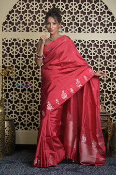 Shubh Lakshmi 2.0 ~ Handloom High Quality Pure Katan Silk Saree in Cerulean Red and Silver (Silk Mark Certified)