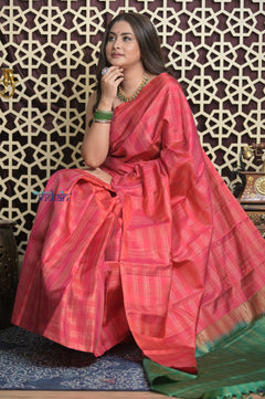 Shubh Lakshmi 2.0 ~ Handloom High Quality Pure Soft Silk Saree in Red and Leaf Green (Silk Mark Certified)
