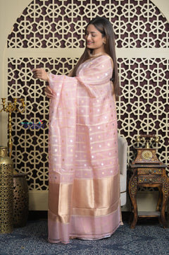 Shubh Lakshmi 2.0 ~ Designer Handloom Pure Kora Silk Saree with Circular Pattern in Light Peach