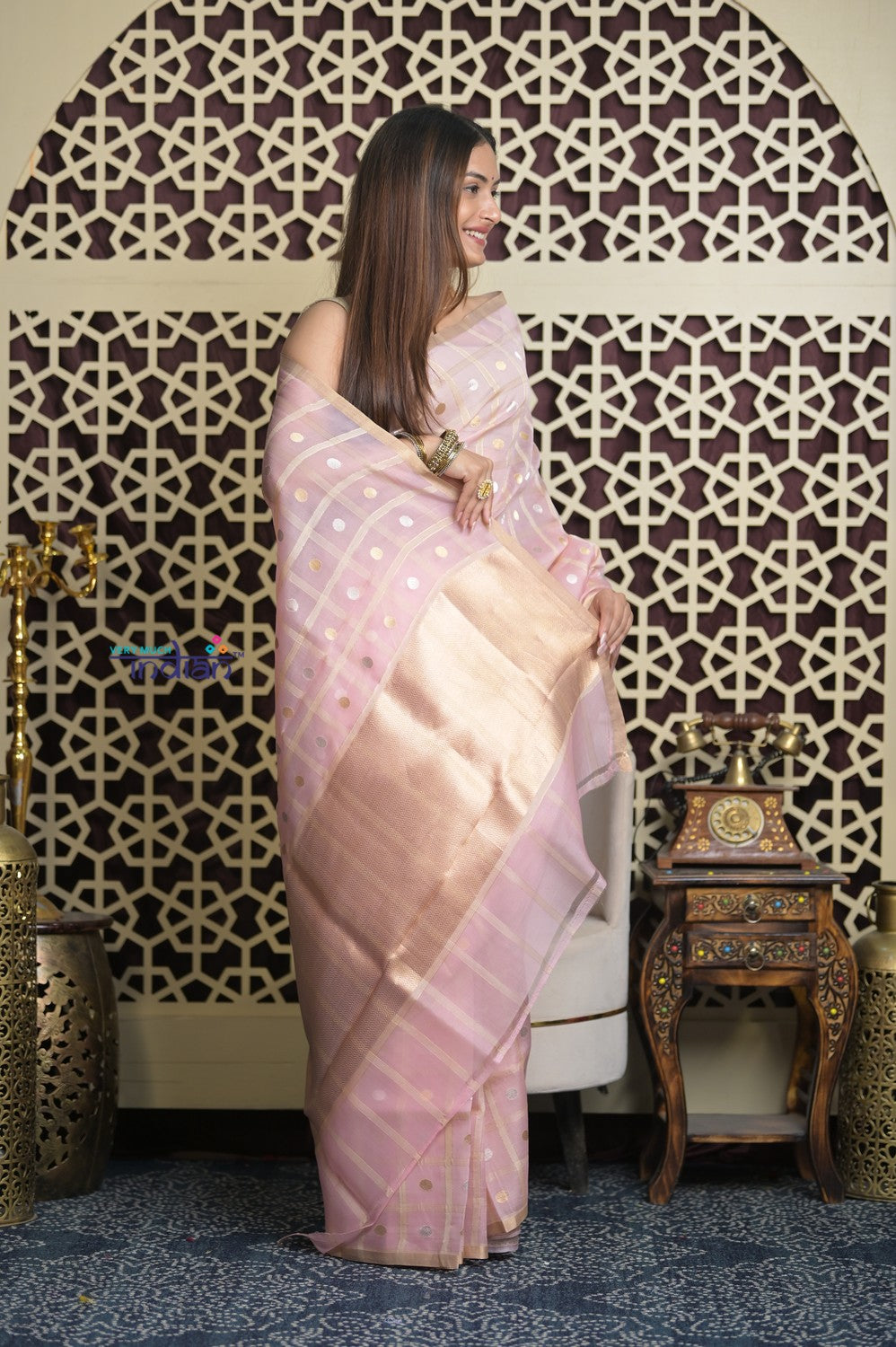 Shubh Lakshmi 2.0 ~ Designer Handloom Pure Kora Silk Saree with Circular Pattern in Light Peach