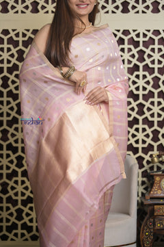 Shubh Lakshmi 2.0 ~ Designer Handloom Pure Kora Silk Saree with Circular Pattern in Light Peach