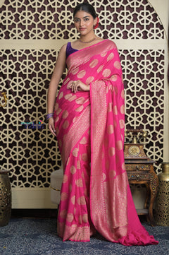 Shubh Lakshmi 2.0 ~ Handloom Banarasi Khaddi Crepe Georgette Silk Saree in Magenta Pink (Silk Mark Certified)