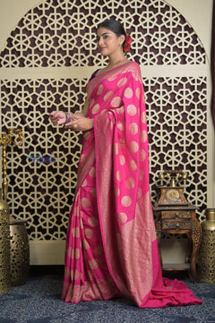 Shubh Lakshmi 2.0 ~ Handloom Banarasi Khaddi Crepe Georgette Silk Saree in Magenta Pink (Silk Mark Certified)
