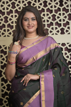 Shubh Lakshmi 2.0 ~ Handloom High Quality Pure Soft Silk Saree in Dark Green and Lilac (Silk Mark Certified)