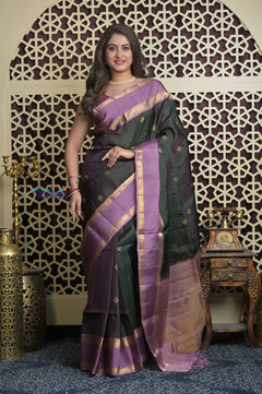 Shubh Lakshmi 2.0 ~ Handloom High Quality Pure Soft Silk Saree in Dark Green and Lilac (Silk Mark Certified)