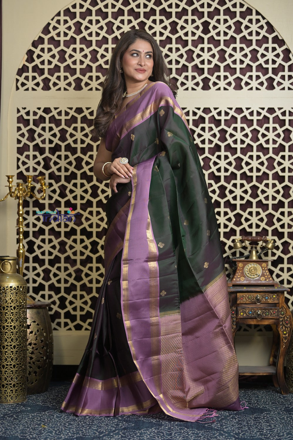 Shubh Lakshmi 2.0 ~ Handloom High Quality Pure Soft Silk Saree in Dark Green and Lilac (Silk Mark Certified)