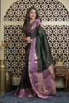 Shubh Lakshmi 2.0 ~ Handloom High Quality Pure Soft Silk Saree in Dark Green and Lilac (Silk Mark Certified)