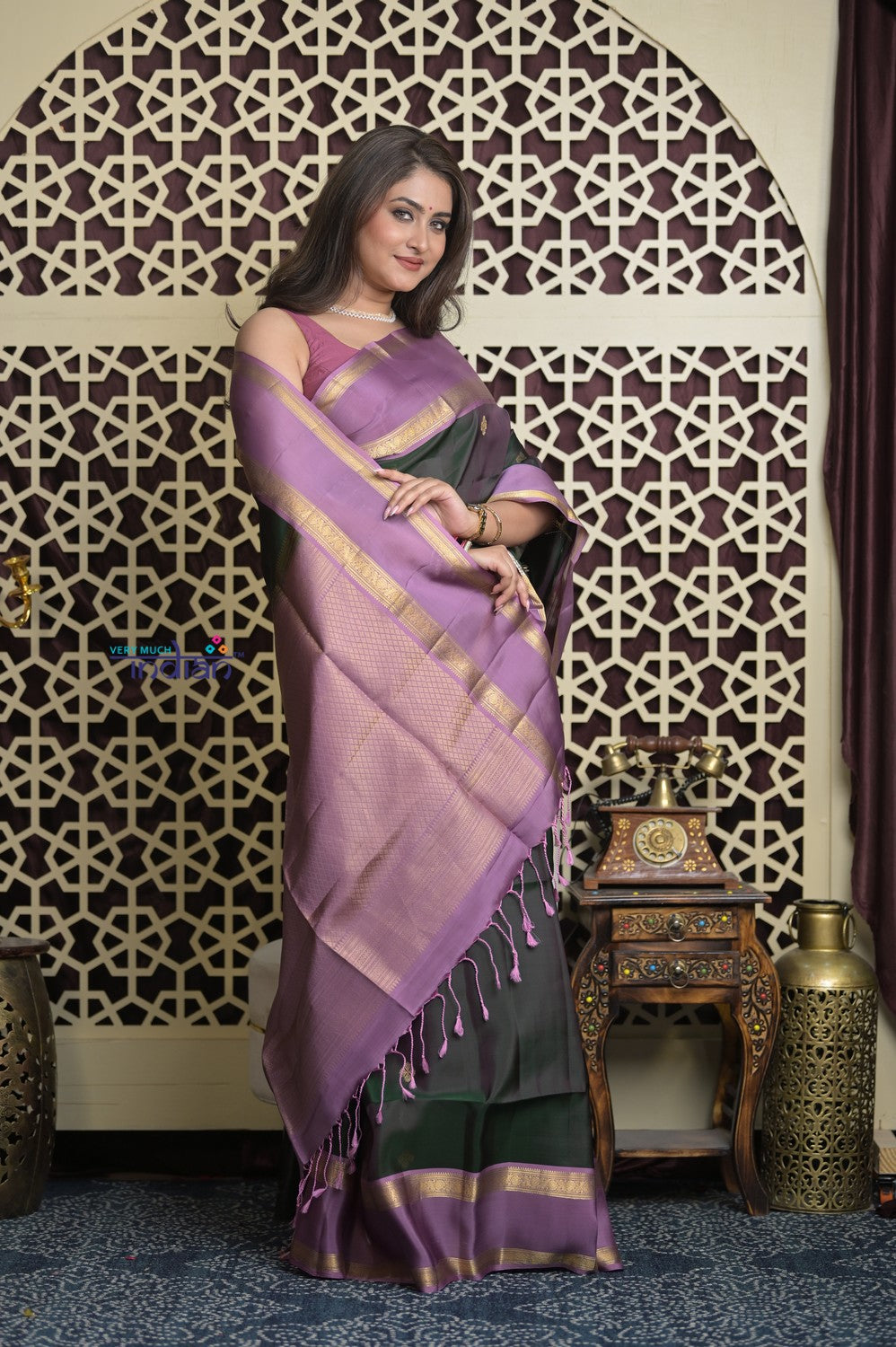 Shubh Lakshmi 2.0 ~ Handloom High Quality Pure Soft Silk Saree in Dark Green and Lilac (Silk Mark Certified)