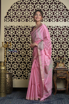 Shubh Lakshmi 2.0 ~ Handloom High Quality Pure Soft Silk Saree in Blush Pink and Grey (Silk Mark Certified)