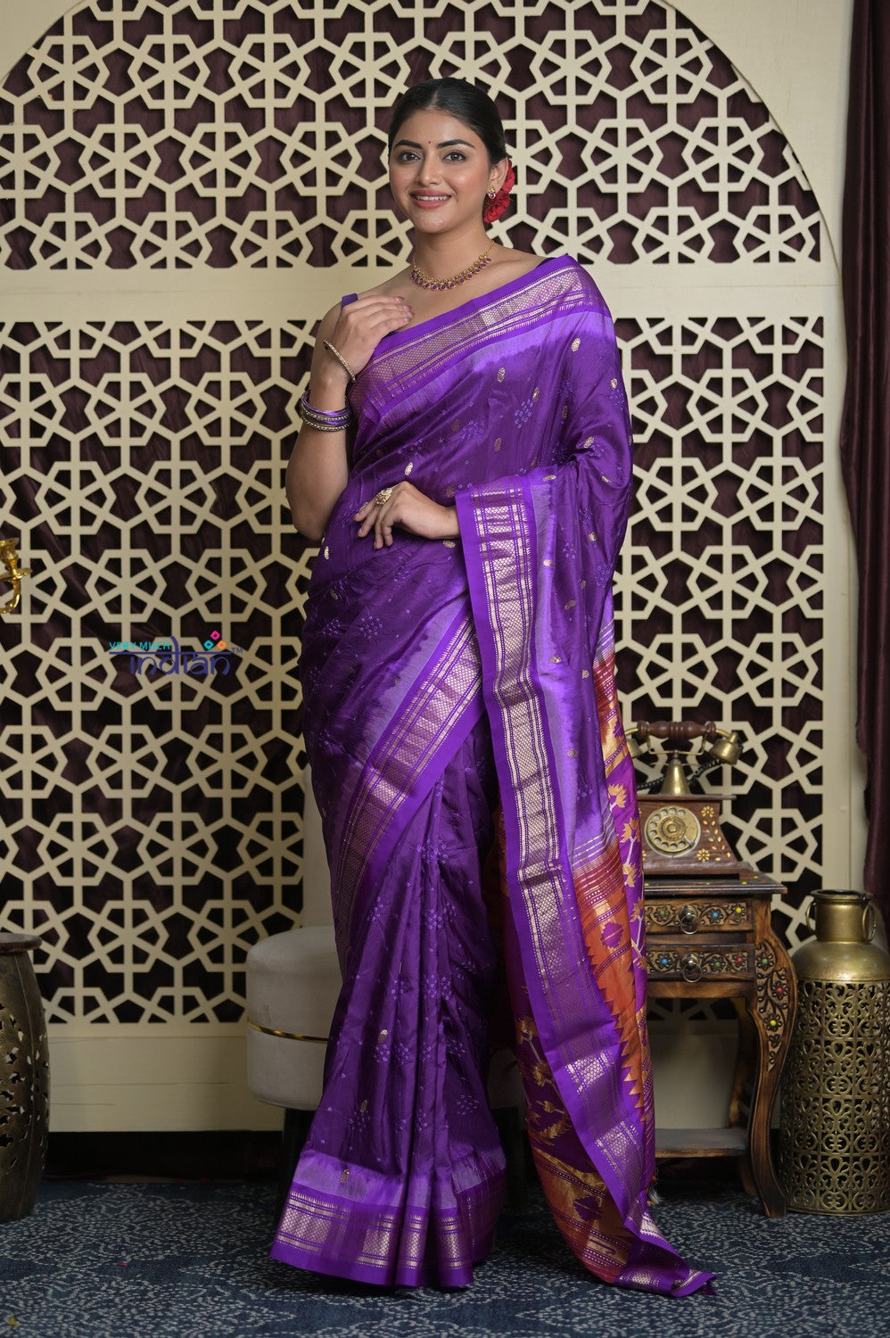 Shubh Lakshmi 2.0 ~ Handloom Pure Silk Paithani with All Over Hand Bandhani in Purple with Asawali Pallu