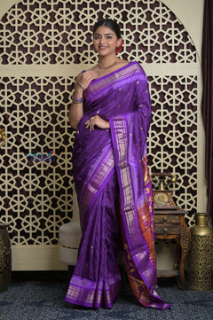 Shubh Lakshmi 2.0 ~ Handloom Pure Silk Paithani with All Over Hand Bandhani in Purple with Asawali Pallu