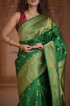 Shubh Lakshmi ~ Handloom Pure Silk Kanjivaram Temple Border Saree in Royal Green (Silk Mark Certified)