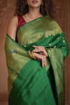 Shubh Lakshmi ~ Handloom Pure Silk Kanjivaram Temple Border Saree in Royal Green (Silk Mark Certified)