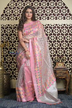 Shubh Lakshmi 2.0 ~ Designer Handloom Banarasi Kora Silk Saree with Circular Pattern in Ivory and Pink