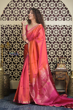 Shubh Lakshmi 2.0 ~ Handloom High Quality Pure Soft Silk Saree in Dual Tone Orange Pink  (Silk Mark Certified)