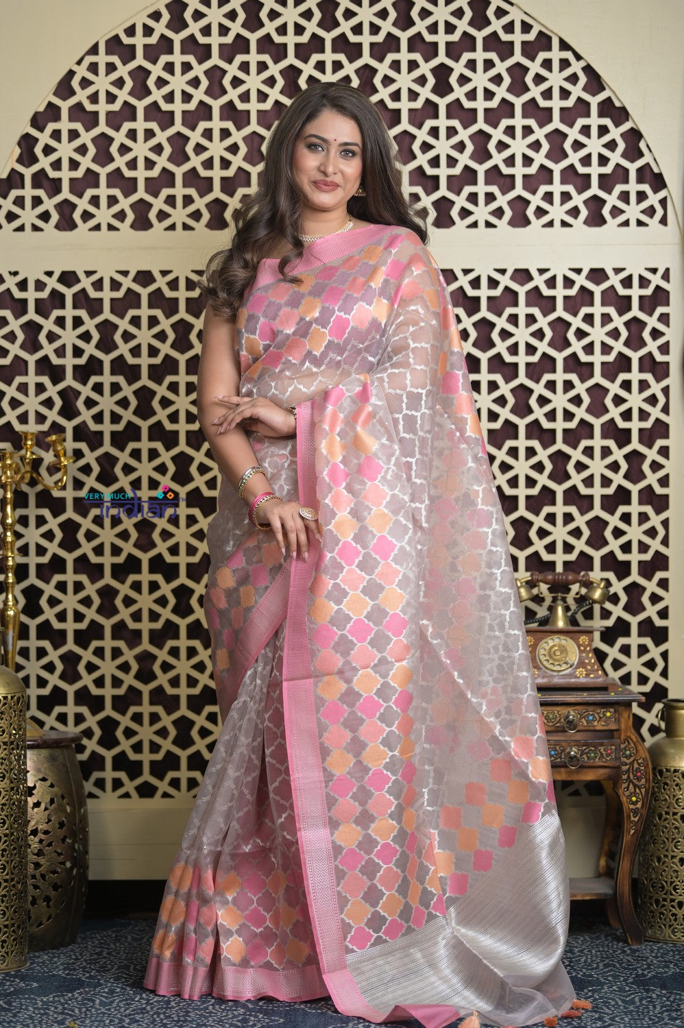 Shubh Lakshmi 2.0 ~ Designer Handloom Banarasi Kora Silk Saree with Circular Pattern in Ivory and Pink
