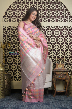Shubh Lakshmi 2.0 ~ Designer Handloom Banarasi Kora Silk Saree with Circular Pattern in Ivory and Pink