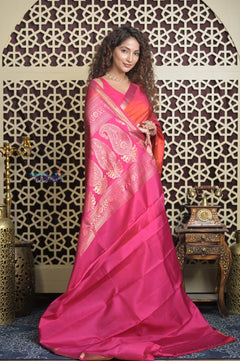 Shubh Lakshmi 2.0 ~ Handloom High Quality Pure Soft Silk Saree in Dual Tone Orange Pink  (Silk Mark Certified)