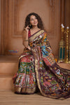 Shubh Lakshmi ~ Handloom Pure Silk Ikkat Patola Saree in Dark Brown (Silk Mark Certified)