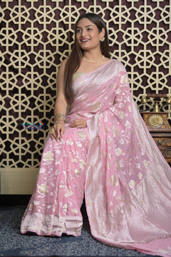 Shubh Lakshmi 2.0 ~ Handloom Banarasi Khaddi Crepe Georgette Silk Saree in Light Pink (Silk Mark Certified)