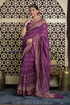 Shubh Lakshmi 2.0 ~ Handloom High Quality Pure Chanderi Saree in Purple and Gold (Silk Mark Certified)