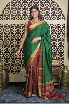 Shubh Lakshmi 2.0~ Handloom Pure Mysore Silk Patli Pallu Crepe Saree in Green and Maroon (Silk Mark Certified)