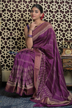 Shubh Lakshmi 2.0 ~ Handloom High Quality Pure Chanderi Saree in Purple and Gold (Silk Mark Certified)
