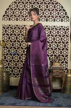 Shubh Lakshmi 2.0 ~ Handloom High Quality Pure Soft Silk Saree in Dark Purple and Gold (Silk Mark Certified)