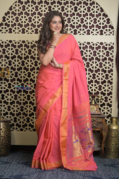 Shubh Lakshmi 2.0 ~ Handloom Pure Cotton Paithani With Double Pallu ~ Peach Pink