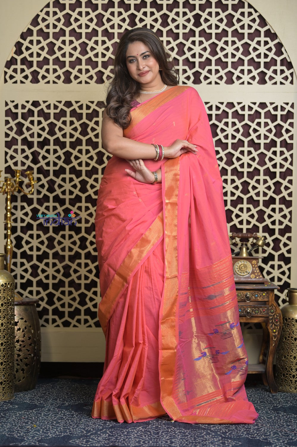 Shubh Lakshmi 2.0 ~ Handloom Pure Cotton Paithani With Double Pallu ~ Peach Pink